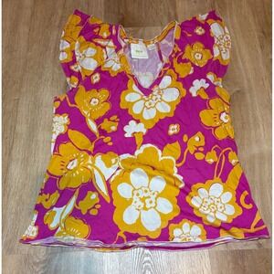 Mauve Anthropologie Pink Yellow Floral V Neck Organic Cotton T Shirt Top L